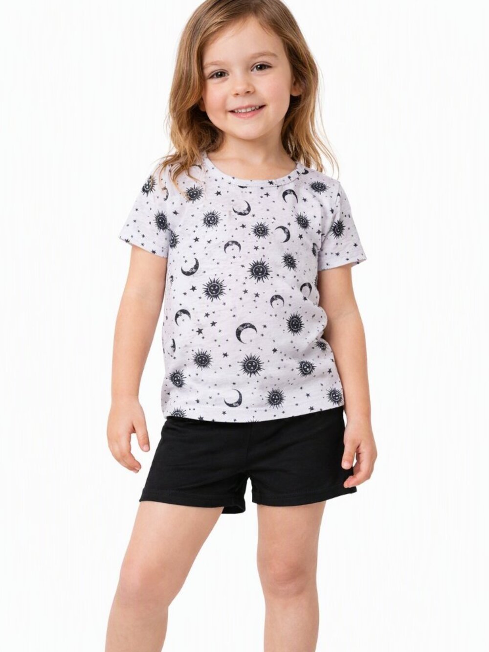 Full Tilt Girls Top Celestial Print Tee White Black 6 Wundies Black Shorts XS 4